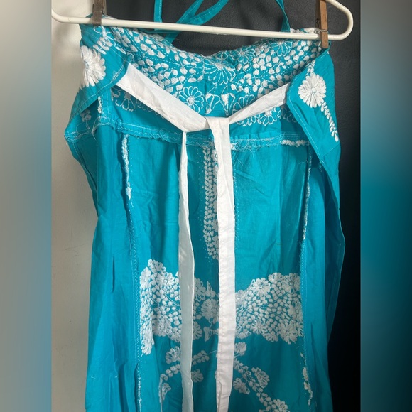 Vintage Boho Mexican Cotton Embroidered Turquoise Apron Halter Dress Size S - Picture 5 of 6